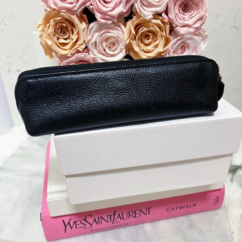 Authentic Escada RARE Vintage Black Leather Cosmetic / Pencil Bag